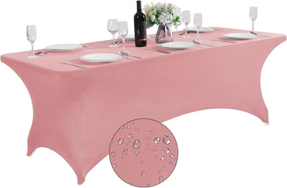 SuperO Waterproof Spandex Table Cover for 8FT Table Universal Fitted Stretch Tablecloth for Party, Banquet, Wedding and Events-Dusty Pink