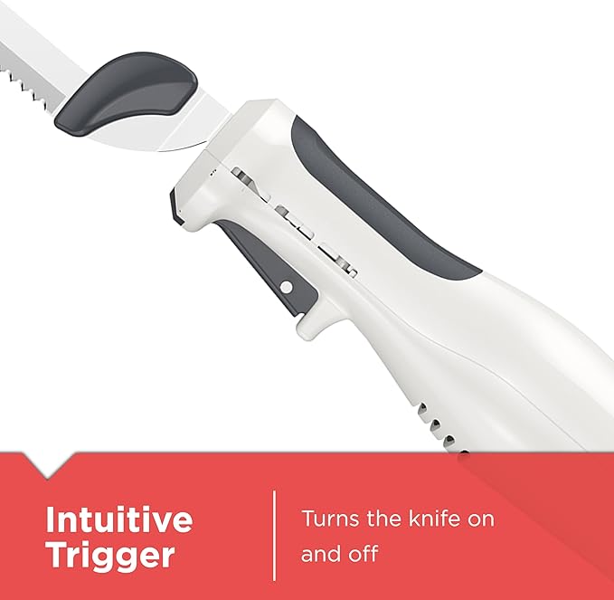 BLACK+DECKER 9 inch Electric Carving Knife, Comfort Grip Handle & Safety Lock Button, Stainless Steel Blades and Dishwasher Safe Parts, Corded, White
