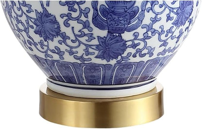 JONATHAN Y 25.25" Blue/White Ceramic Ginger Jar Table Lamp Set of 2, Traditional Brass Gold Base for Living Room Bedroom, White Linen Drum Shade, LED Bulbs Included JYL1072A-SET2