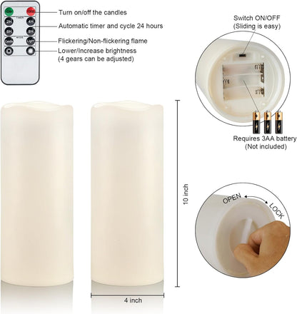 Amagic 2 Pack 10" x 4" Outdoor Plastic Electric flameless Candles with Remote Control and Timer, Battery Operated Flickering LED Pillar Fake Candle for Home, Wedding Decor, Ivory