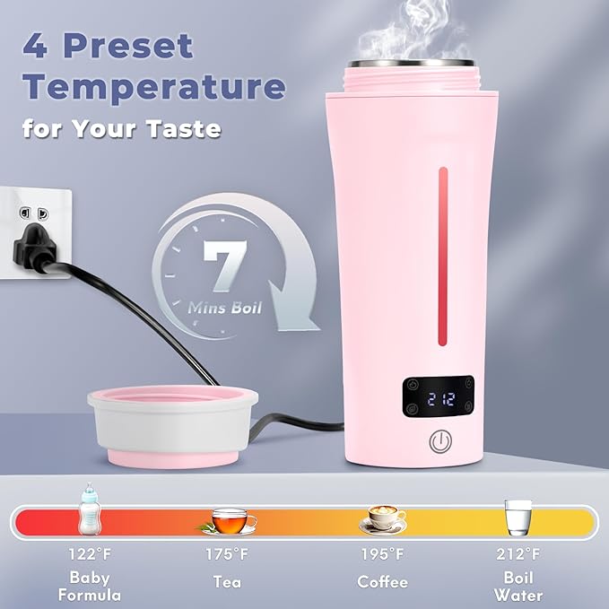 Dual Voltage Travel Kettle, 110-240V Portable Electric Kettle with LCD Display, 4 Temperature Settings, 4 Colors LED for Global Use (350ML)