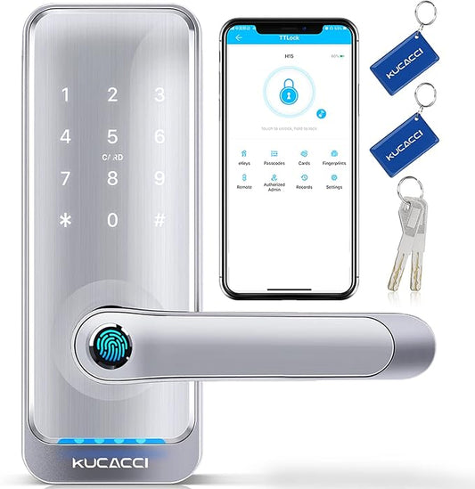 Keypad Smart Door Lock with Handle: Kucacci Keyless Entry Smart Lock for Front Door - Electronic Code for Exterior Door - Retrofit Knob Deadbolt Lock(Silver)