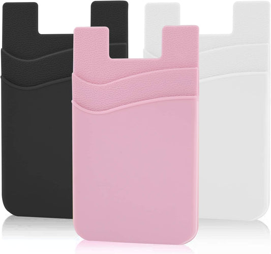SS Phone Wallet, Phone Card Holder Pocket Pouch Stick on for Phone Cases Silicone Double Pockets Suitable for iPhone, Android, Samsung Galaxy 3 Pack