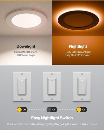 Sunco 6 Inch LED Recessed Light with Night Light, Canless Recessed Lighting, 1500 LM, 15W (150W Equivalent), Selectable CCT 2700K/3000K/4000K/5000K/6000K, Dimmable, with Junction Box 4 Pack.