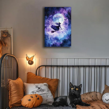 Witch On Broom Flying Wall Art,Gothic Halloween Canvas Wall Art,Victorian Witch Silhouette In Moonlight Broomstick Poster Pictures,Creepy Halloween Purple Night Sky Print,12"x18" Framed
