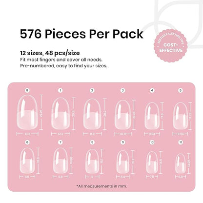 Beetles Gel Nail Tips Short Oval 576Pcs, 12 Sizes Pre-Shaped Half Matte Press On Nails Gelly Tips False Nails for Gel Full Cover False Nails Home DIY Nail Salon Gifts for Girls Women