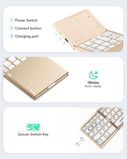 Samsers Multi-Device Foldable Bluetooth Keyboard with Touchpad, Rechargeable Dual-Mode(2.4G+BTx2) Wireless Keyboard with Holder, Portable Folding Keyboards for Android Windows iOS Mac OS - Gold