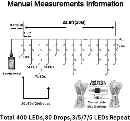 YEGUO 33ft 400 LED Blue and White Icicle Lights Outdoor Waterproof, 80 Drops Icicle String Lights Connectable, 8 Modes Icicle Christmas Lights with Memory Timer