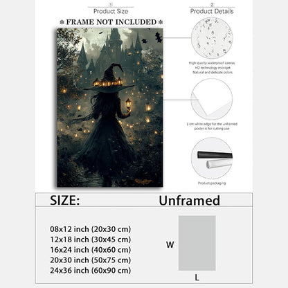 Halloween Witch and Haunted House Canvas Wall Art,Dark Academia Scary Witch Castle Posters Prints,Thriller Horror Gothic Wall Decor Pictures for Halloween Party House Decoration,16"x24" Unframed