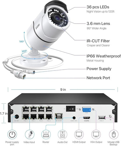 ZOSI 8CH 4K PoE Home Security Camera System, 8 Ports 16CH 8MP NVR with 2TB HDD, 4pcs 5MP Indoor Outdoor PoE Cameras, 120ft Night Vision, 24/7 Recording, Remote Access