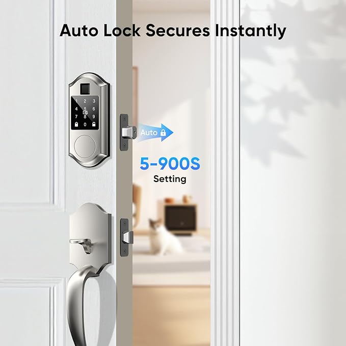 Fingerprint Smart Front Door Lock Set, Keyless Entry Door Lock with Handle, Smart Locks for Front Door, Keypad Deadbolt with Handle, APP Control, Touchscreen Keypad, Auto Locking, Satin Nickel
