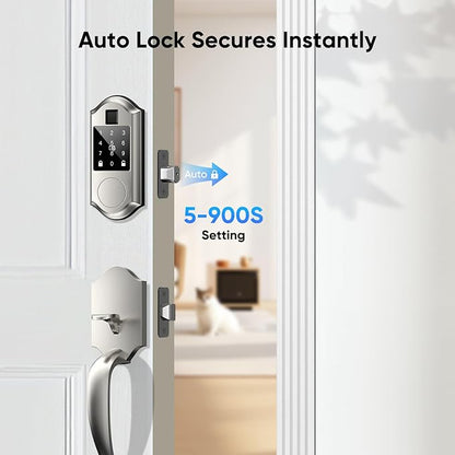 Fingerprint Smart Front Door Lock Set, Keyless Entry Door Lock with Handle, Smart Locks for Front Door, Keypad Deadbolt with Handle, APP Control, Touchscreen Keypad, Auto Locking, Satin Nickel