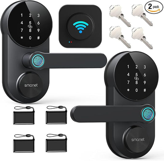 Keyless Entry Door Lock with Lever Handle: SMONET WiFi Smart Locks for Front Door Keypad Lever App Remote Control 2-Pack,Fingerprint Smart Deadbolt,Auto Lock,Black