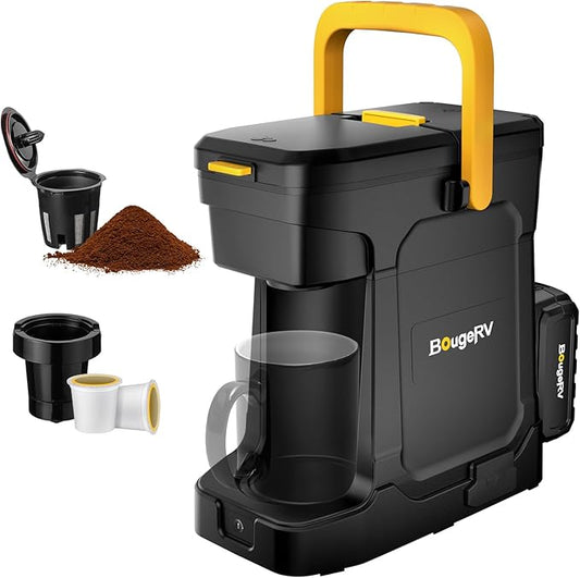 BougeRV Coffee Machine with 18V 8Ah Battery Powered Compatible with K Cup Coffee Pods & Ground, Cordless Coffee Maker for Travel Camping Outdoor Worker Home