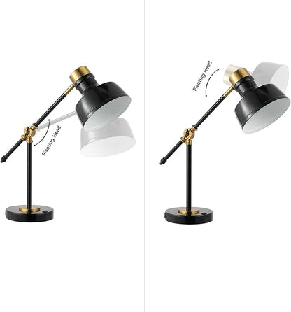 JONATHAN Y 18.5" Black/Brass Gold Adjustable Cantilever LED Task Lamp with USB Charging Port, Vintage Farmhouse Desk Lamp for Home Office Reading, Metal Shade JYL7124A