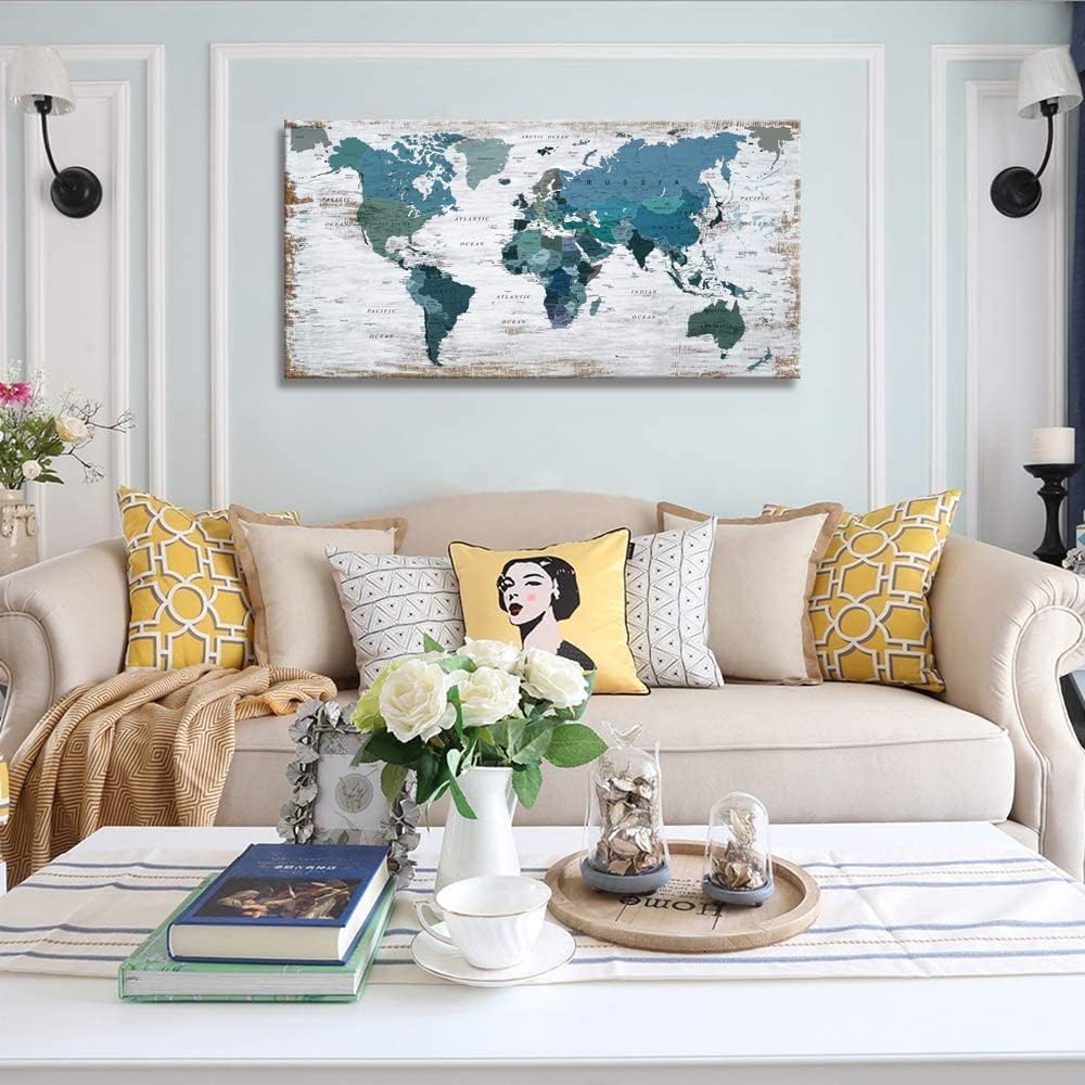 lagre Teal Decor 36inchx71inch World Map Canvas Wall Art Pictures for Living Room Decoration Blue Wall Decor Office World Map Art Map of the world Picture Framed Artwork for Home Bedroom Decoration