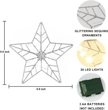 YEAHOME Christmas Tree Topper, Silver Glittered Hollow 5-Point Star Tree Topper for Christmas Tree Decorations, Lighted Wire Star with 20 LED Lights for Christmas Treetop, Xmas Tree Topper with Timer