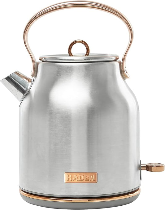 Haden Heritage 1.7 Liter Stainless Steel Electric Kettle, Hot Water Kettle with 360-Degree Base and Auto Shutoff, Steel & Copper