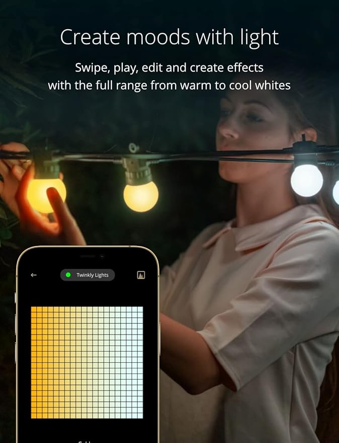 Twinkly Festoon App-Controlled LED Bulb Outdoor String Lights w/ 40 AWW (Warm to Cool White) LEDs, 65.6 ft Patio Lights, Outside Lights w/Black Cable. Smart Indoor Outdoor Lights Decoration