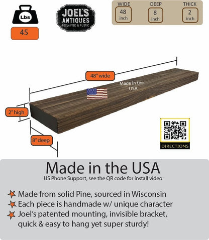 joelsantiques 48 Inch Wooden Floating Shelves for Wall - 48x8x2 in - Made of Natural Wood - Heavy Duty Rustic Wall Shelves for Bedroom - Perfect for Living Room, Kitchen - Medium Brown