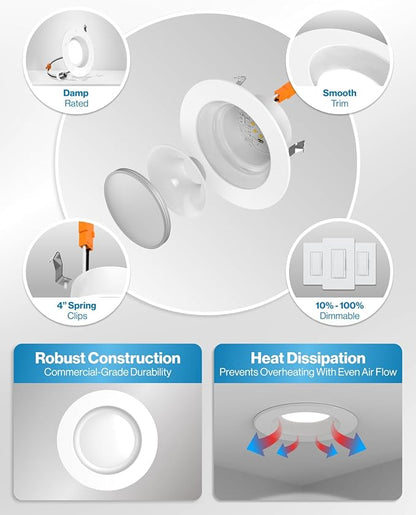 Sunco 4 Inch LED Recessed Lights Retrofit, Dimmable Can Lighting, 660 LM, 11W (40W Equivalent), Selectable CCT 2700K/3000K/3500K/4000K/5000K, Smooth Trim, Damp Rated UL 1 Pack