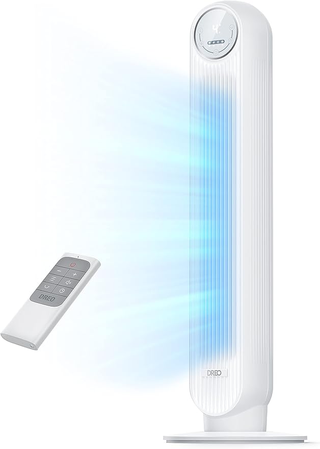 DREO Tower Fan for Bedroom, 25ft/s Velocity Quiet Floor Fan, 90° Oscillating Fans for Indoors with 4 Speeds, 4 Modes, 8H Timer, Standing Fans, Bladeless Fan, White (DR-HTF007)