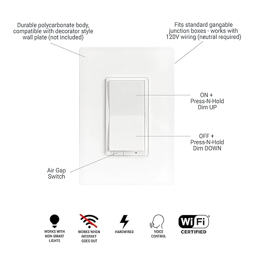 HALO Pure Smart Wi-Fi Dimmer Switch for Traditional Non-Smart Lighting, Connected by WiZ Pro, Hardwired 120V - SWW-DIM-WH