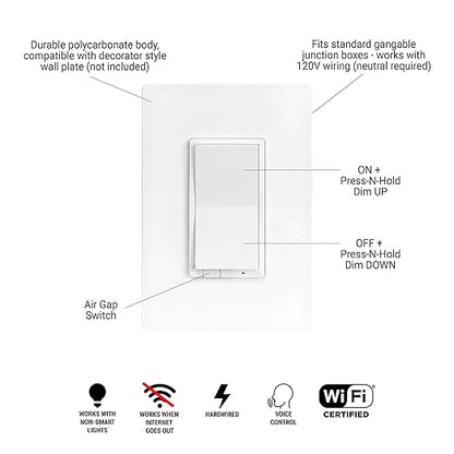 HALO Pure Smart Wi-Fi Dimmer Switch for Traditional Non-Smart Lighting, Connected by WiZ Pro, Hardwired 120V - SWW-DIM-WH