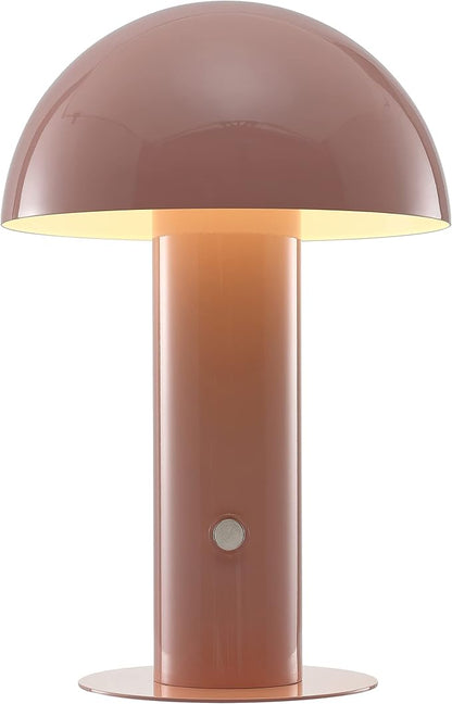 JONATHAN Y 10.75" Pink Rechargeable LED Mushroom Table Lamp, Cordless Portable Bedside Lamp for Living Room Bedroom, 3-Way Dimmable Modern Iron Desk Light, Metal Shade (JYL7115F)