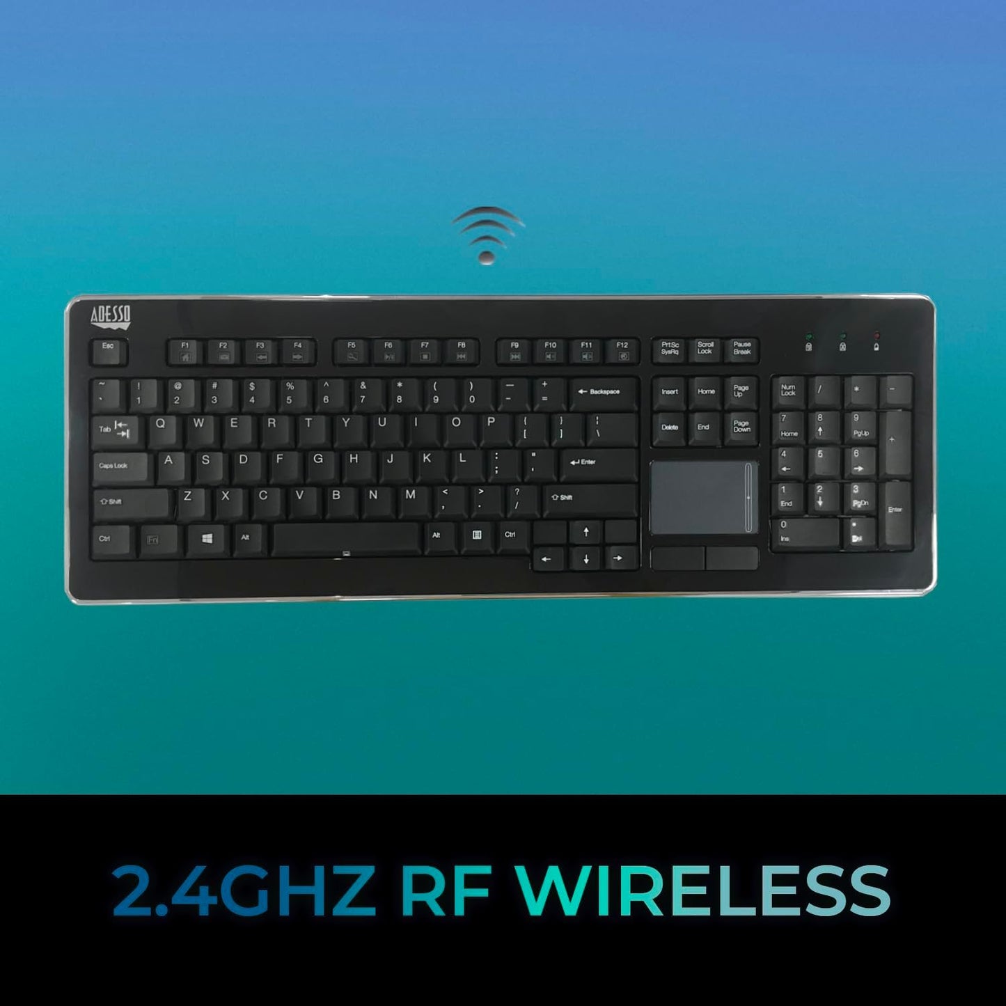 Adesso WKB-4400UB Wireless Desktop Touchpad Keyboard - 2.4GHz RF Wireless Technology, 104-Key Layout, Built-in Trackpad, Multimedia and Internet Hotkeys
