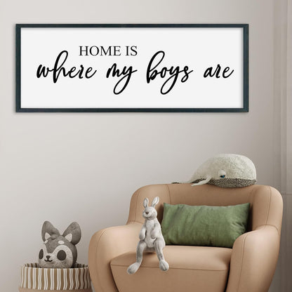SRSZHIYUE Home Is Where My Boys Are Sign 32"×12" New Mothers Day Gifts ideas Wall Art for kids Playroom Mom Quote Bedroom Large Wood Framed Wall Hanging Decor (Black)