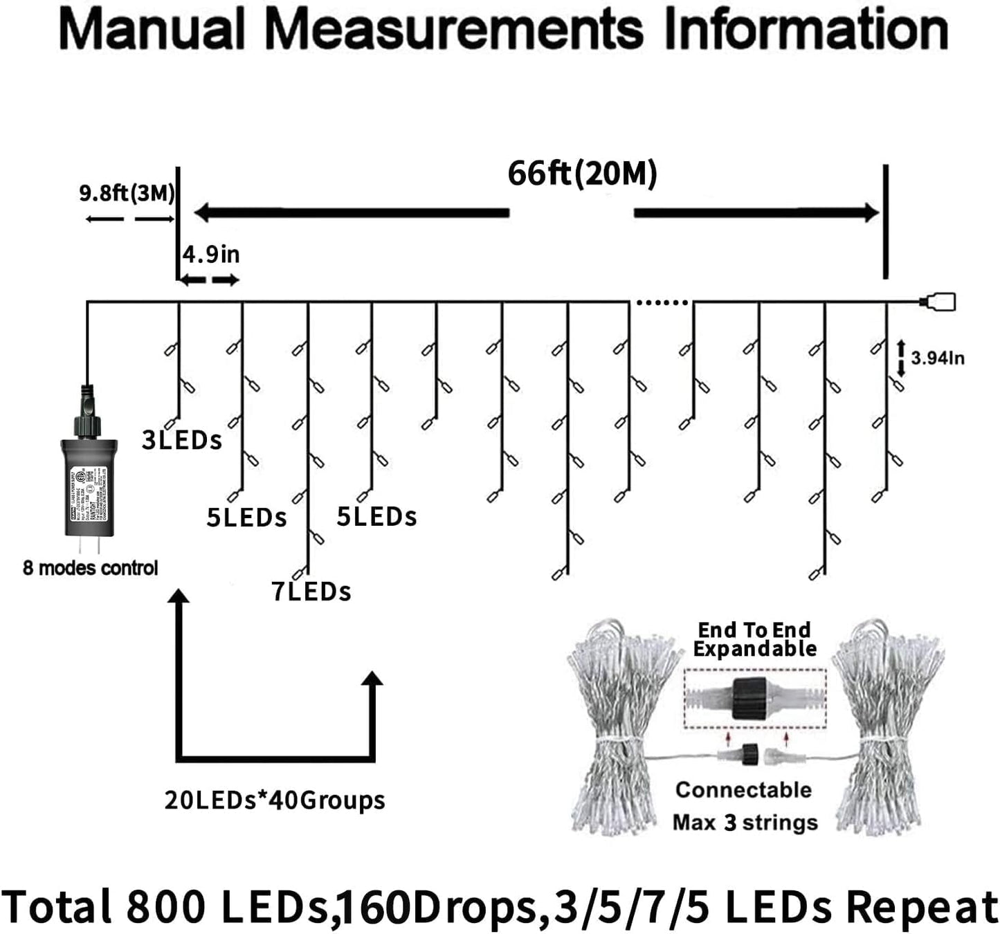 YEGUO 66ft 800 LED Red and White Icicle Lights Outdoor Waterproof, 160 Drops Icicle String Lights Connectable, 8 Modes Icicle Christmas Lights with Memory Timer