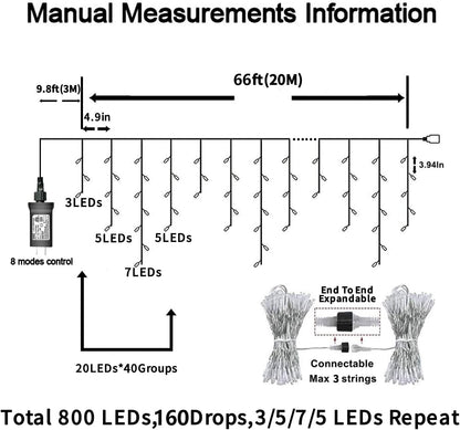 YEGUO 66ft 800 LED Red and White Icicle Lights Outdoor Waterproof, 160 Drops Icicle String Lights Connectable, 8 Modes Icicle Christmas Lights with Memory Timer