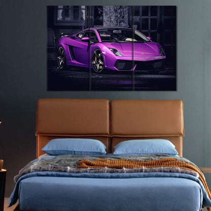 TUMOVO 3 Pieces Purple Sports Car Wall Art Picture Home Decoration Living Room Canvas Print Painting Wall Picture on Canvas with Frame Ready to Hang - 28 x 14inch x 3 Panel