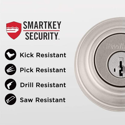 Kwikset 991 Tustin Entry Lever and Single Cylinder Deadbolt Combo Pack featuring SmartKey in Satin Nickel, Model Number: 99910-040