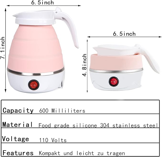 Travel Kettle Electric Small Foldable Portable Kettle,Silicone Collapsible Heating Water Boiler Tea Pot for Camping,Easy for Storage with Separable Power Cord (Pink)