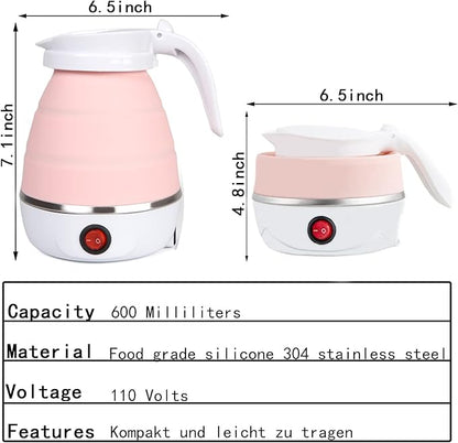 Travel Kettle Electric Small Foldable Portable Kettle,Silicone Collapsible Heating Water Boiler Tea Pot for Camping,Easy for Storage with Separable Power Cord (Pink)