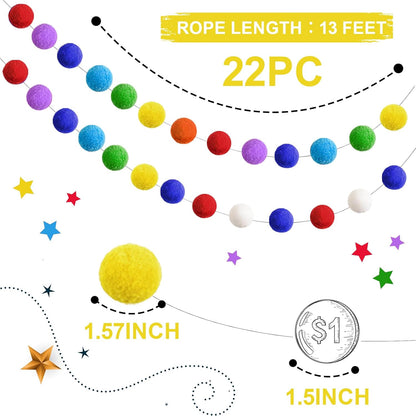 TBD Decor 2pk Rainbow Color Pom Pom Garland 13FT Colorful Large Felt Ball Garland for Mantle,Indoor Holiday Wedding Birthday Party Supplies