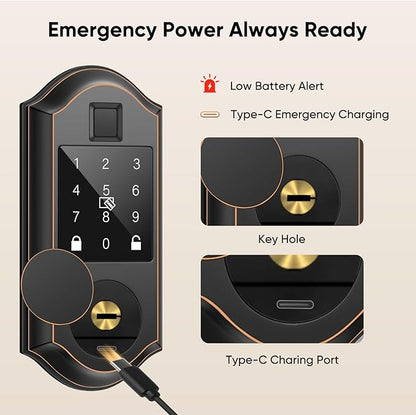 Fingerprint Smart Front Door Lock Set, Keyless Entry Door Lock with Handle, Smart Door Locks, Front Door Handle with Keypad and Deadbolt, APP Control, Touchscreen, Oil Rubbed Bronze