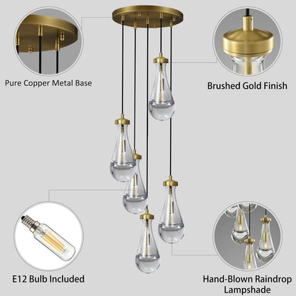 Gold 5 Light Cluster Pendant Lighting, Raindrop Chandeliers Brass Dining Room Lights Fixture, Teardrop Pendant Lights Kitchen Island, Hanging Lamp Ceiling for Entryway Foyer Staircase
