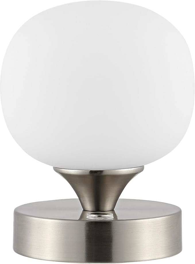 JONATHAN Y 6.13" Nickel/White Modern Cordless Rechargeable LED Table Lamp, Frosted White Glass Shade, Touch Dimmable Mini Accent Light for Bar, Bedroom, Nightstand (JYL7112B)