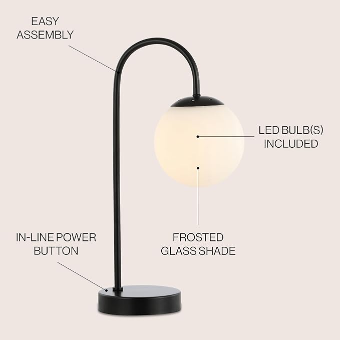 JONATHAN Y 18.25" Black Arco Arched Iron and Glass Globe LED Table Lamp, Minimalist Mid-Century Modern Desk Lamp for Living Room Bedroom, White Glass Shade, LED Bulb Included JYL6010A