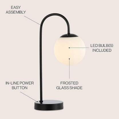 JONATHAN Y 18.25" Black Arco Arched Iron and Glass Globe LED Table Lamp, Minimalist Mid-Century Modern Desk Lamp for Living Room Bedroom, White Glass Shade, LED Bulb Included JYL6010A
