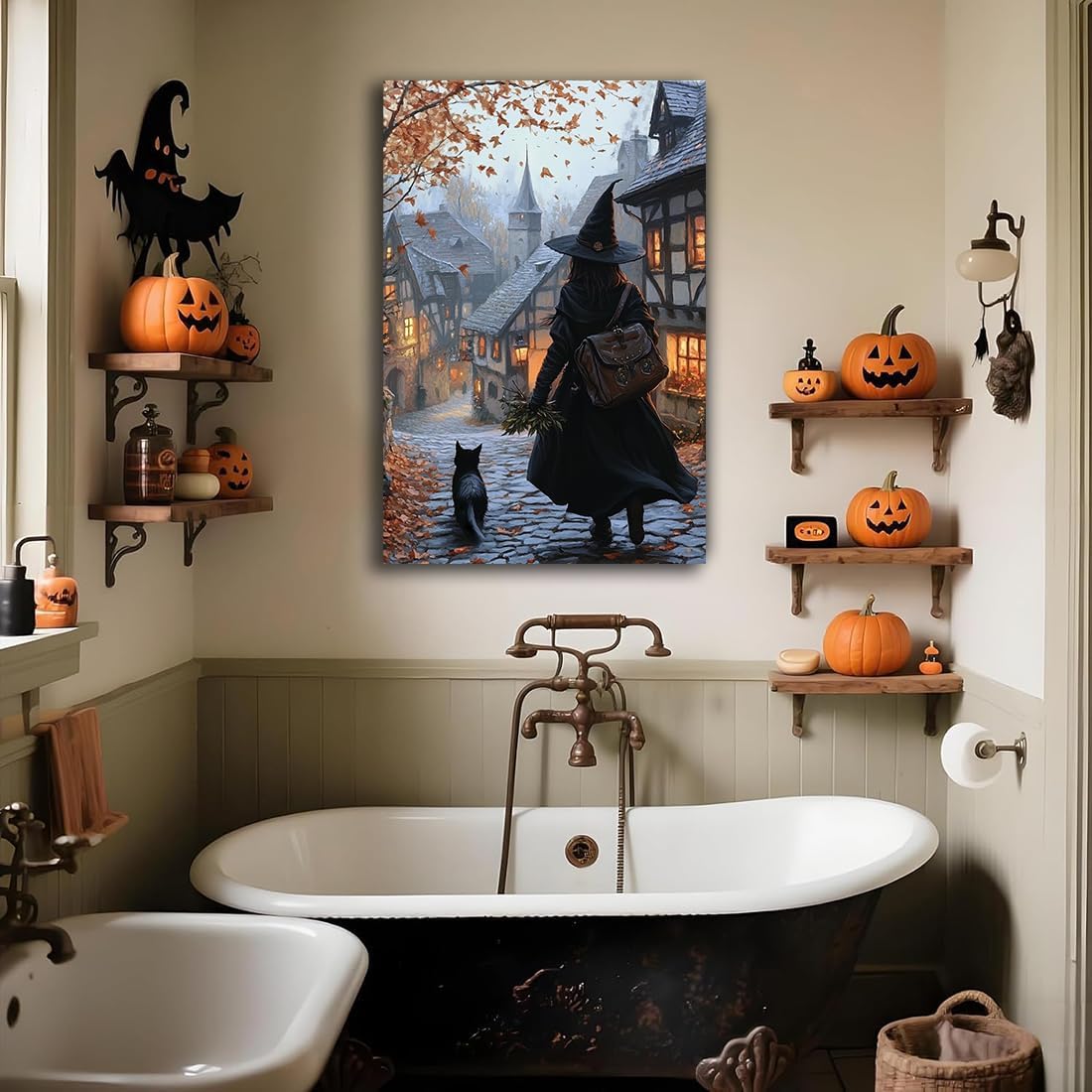 Autumn Witch And Black Cat Picture Wall Decor,Halloween Canvas Vintage Rustic Wall Art,Preppy Bedroom Living Room Bathroom Poster Print,16"x24" Unframed