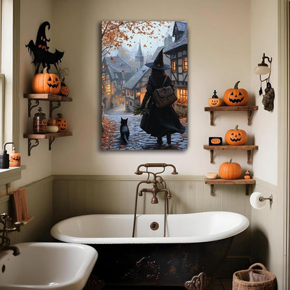 Autumn Witch And Black Cat Picture Wall Decor,Halloween Canvas Vintage Rustic Wall Art,Preppy Bedroom Living Room Bathroom Poster Print,16"x24" Unframed