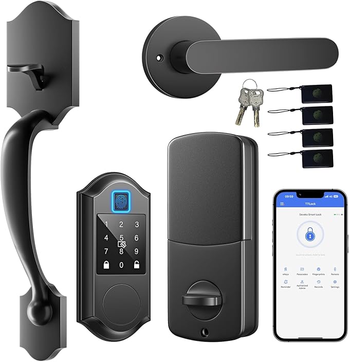 Smart Front Door Lock with Fingerprints, 2 Keys & 4 Cards, Front Door Lock Set Keyless Entry, Smart Locks for Front Door, Keypad Deadbolt with Handle, APP Control, Auto Lock, Matte Black