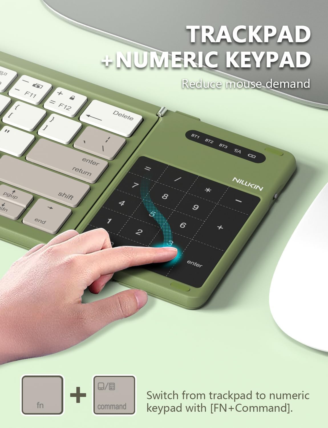 Nillkin Foldable Keyboard with Touchpad, Bluetooth Keyboard with Number Pad, Full Size Keys, Large Trackpad Small Travel Portable Keyboards for iPad Laptop PC Tablets - Green