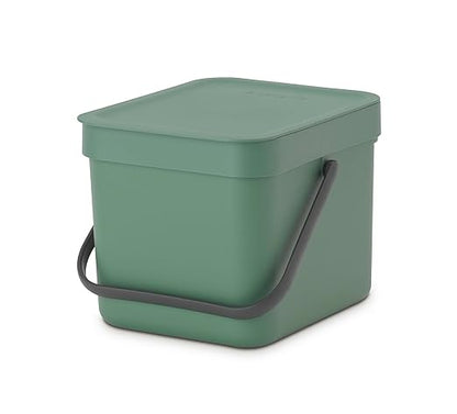 Brabantia Sort & Go Kitchen Countertop Food Scraps Compost Bin | XS / 1.6 Gal / 6L | Fir Green | Removable Stay-Open Lid, Carry Handle, Easy-Clean Recycling Box | Wall-Mounting Bracket Included