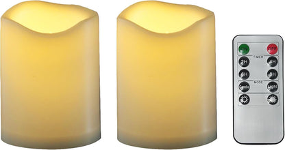 CANDLE CHOICE Waterproof Outdoor Battery Operated Flameless Candles with Remote Timer Plastic Flickering Fake Electric LED Pillars for Lantern Garden Wedding Christmas Decorations 3x4 Inches 2 PCS