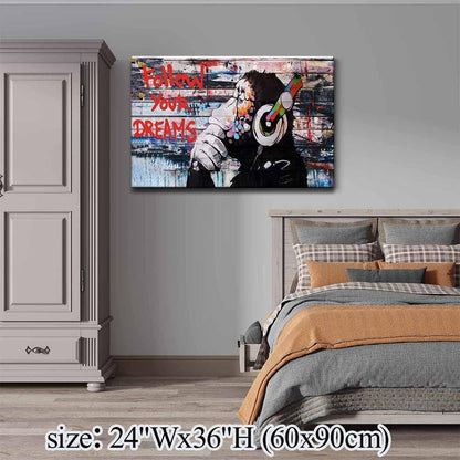 Framed Banksy Graffiti Canvas Wall Art Follow Your Dreams Monkey Poster With Headphones Prints Street Painting Picture Man Cave Wall Decor Pop Art for Living Room Bedroom Office 24" Wx36 H (60x90cm)